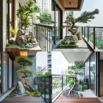 小阳台造景，三角形布局，山石点缀，1.5米高树，自然风格，阳台上，绿色调，长焦镜头，柔和光线，静态，和谐。