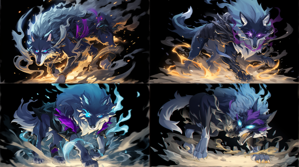 狼王站在战场上，眼神狂暴，毛发随风飘扬，背景是荒凉的大地和神秘力量的光环，构图中央，高分辨率，荒野，长焦镜头，逆光，动态模糊，威严，深色调，震撼。