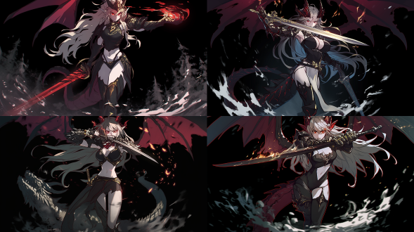 龙族女将挥舞双剑，狂暴姿态，野蛮力量，深林背景，暗色调，长焦镜头，逆光，动态模糊，肌肉线条，愤怒表情。