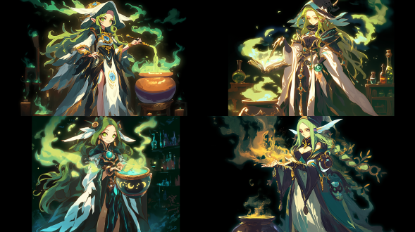 女巫熬制魔药，柔和光线，室内，暖色调，长焦镜头，正面光，慢快门，专注，慈祥，治愈。