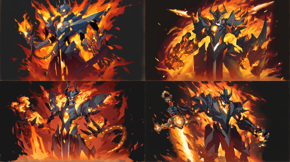 地狱领主，烈火环绕，神秘压迫，暗黑风格，中央构图，阴森城堡，长焦镜头，逆光，动态模糊，火焰，金属质感，冷暖对比，恐惧。