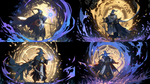 法师施法，光芒四射，神秘元素，中心构图，暗黑风格，森林中，长焦镜头，逆光，魔法阵，专注，冷暖对比，神秘感。