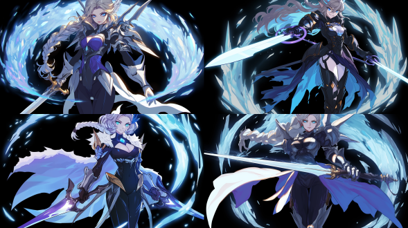 女将护卫寒冰利剑，冷峻面容，银白盔甲，冰雪背景，长剑锋利，侧光映照，广角镜头，高对比度，冷色调，动态捕捉，坚定眼神，力量感。