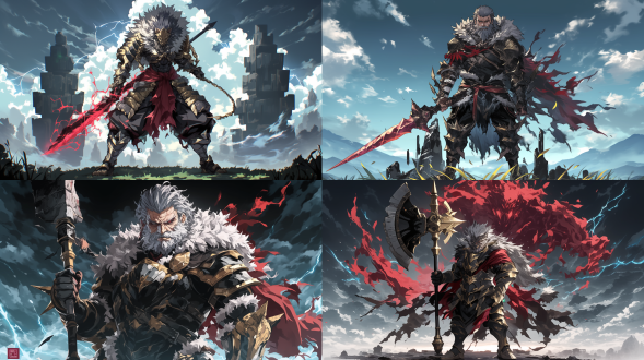 战神长老，部落洪荒，古老部落长老，庄严威武，身披兽皮战袍，手持石斧，面容坚毅，眼神深邃，站在巨石祭坛前，背景是苍茫荒野，天空乌云密布，雷电交加，广角镜头，高对比度，自然光，动态模糊，史诗感，原始力量，神秘氛围。