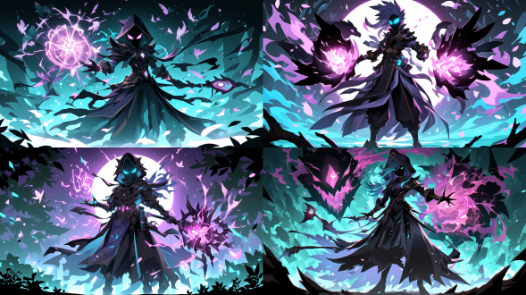 虚空使者魔法师，黑暗森林，神秘氛围，长袍，紫色斗篷，面具，冷峻表情，魔法阵，紫色光芒，广角镜头，低光，慢快门，悬浮，神秘，恐惧。