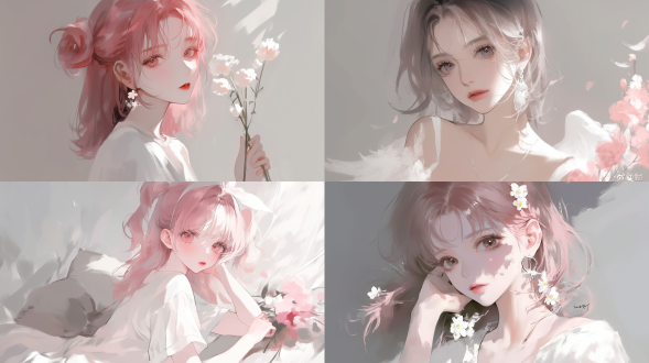 粉色氛围感可爱少女，黑色长发，白皙发光皮肤，粉色裙子，魔法，星星，粉色发带，高挺鼻子，微抿粉色高光嘴唇，灰色眼睛，额前碎发，书本，卷轴，16k，柔和光线，梦幻场景，细节丰富，超现实，粉色调，魔法元素，少女表情，神秘感，艺术风格，高分辨率。 银河 少女风 闭眼