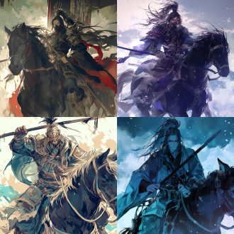 古风美男，将军，坚定且冷若冰霜的眼神，一身战袍披挂，手拿兵器，缰绳，骑黑色带面具的骏马，将军：2马，高对比，冷色调，中国战场上，长焦镜头，侧光，快速快门，威严，漫画风格