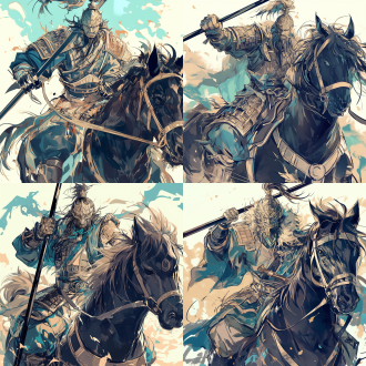 古风美男，将军，坚定且冷若冰霜的眼神，一身战袍披挂，手拿兵器，缰绳，骑黑色带面具的骏马，将军：2马，高对比，冷色调，中国战场上，长焦镜头，侧光，快速快门，威严，漫画风格