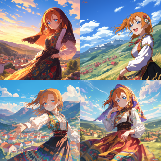 please draw a image of kousaka honoka from "love live!", but she is in balkan peninsula, enjoying the beautiful summer sight in the mountains of bosnia. she wears traditional bosnian clothes and was in a mountain village.