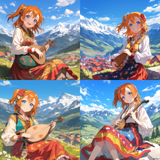 please draw a image of kousaka honoka from "love live!", but she is in balkan peninsula, enjoying the beautiful summer sight in the mountains of bosnia. she wears traditional bosnian clothes and was in a mountain village. there are also mountain peaks covered with a little bit snow behind. what more, she holds a traditional bosnian musical instrument.
