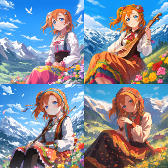please draw a image of kousaka honoka from "love live!", but she is in balkan peninsula, enjoying the beautiful spring sight in the mountains of bosnia. she wears traditional bosnian clothes and was in a mountain village. there are also mountain peaks covered with a little bit snow behind. what more, she sits on a rock and is surrounded with colorful flowers, holding a traditional bosnian musical instrument.