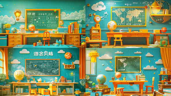 黑板背景，物理公式，书桌前，书本地球仪乐高积木，3d盲盒风格，c4d建模，卡通风格，色彩丰富，中心构图，高饱和度，教室环境，广角镜头，柔和光线，静物，好奇，学习氛围。