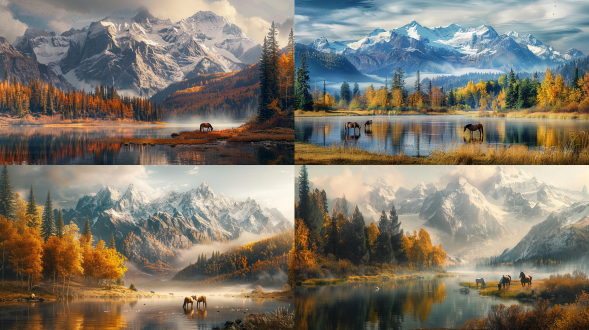 高大雪山云雾缭绕，森林金黄，湖泊清澈，马吃草放牧，暖色调，宁静祥和，远景构图，自然光线，广角镜头，高饱和度，平静水面，细节丰富，温暖氛围。