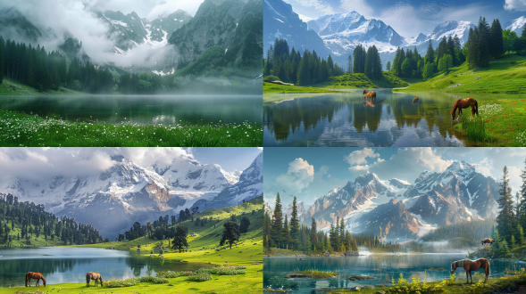 高大雪山云雾缭绕，森林新绿，湖泊清澈，岸边鲜花草地，马吃草放牧，明艳色调，宁静祥和，远景构图，自然风光，广角镜头，柔和光线，慢速快门，生态平衡，生机勃勃。