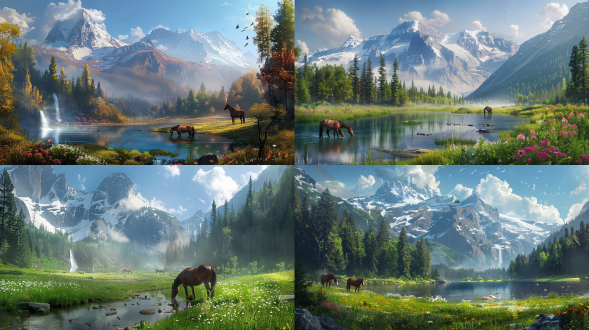 雪峰云雾，森林茂盛，瀑布溪流，湖泊清澈，鲜花草地，马吃草放牧，浓郁色调，宁静祥和，远景构图，自然光，广角镜头，高饱和度，平静氛围，生机勃勃。