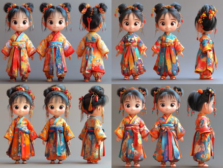 三视图，正视图，侧视图，后视图，q版，三头身，可爱，胖嘟嘟小姑娘，色彩斑斓的长袍，敦煌壁画的色彩风格，一件轻薄的五彩飘带，全身图，生成三视图:正面，侧面，背面，微笑，柔和的灯光，样品模型，惊喜盲盒玩具，光面处理，简单的背景，3d渲染，原创人物渲染，一流的4k质量，超细致，复杂的细节
