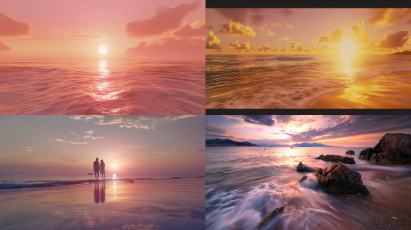 8k、高清、电影级拍摄、海滩日落，柔和光线，宁静氛围，温暖色调，沉浸感。海滩，玫瑰海，日落，柔和色调，广角镜头，水面倒影，微风，宁静祥和。海滩, 日落, 对称风景, 柔和光线, 温暖色调, 沉浸感, 玫瑰海, 广角镜头, 水面倒影, 微风, 宁静祥和.