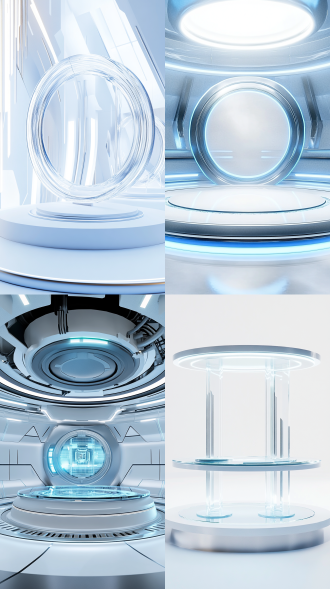 科幻风格设计，圆形展示舞台，技术元素，玻璃几何形状，实验室风格，白色蓝色调，未来主义极简主义，现代工作室照明，高分辨率，3d渲染，高端未来感，极简现代元素，白光效果，实验室设备，几何形状，高细节。