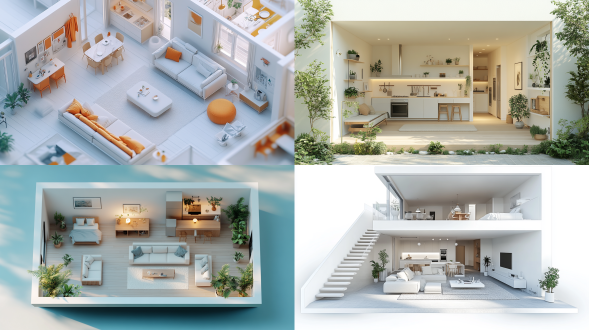 2.5d室内户型图含客厅厨房等，对称布局，浅色调，广角镜头，室内环境，清晰细节，现代简洁风格，空间感，舒适氛围。 极简主义 摄影纪实 oc渲染器 照片写实 构建主义 三维 干净背景 卫星图像 航拍视角 等距视角 明亮的 自然照明 房屋剖面图 白绿