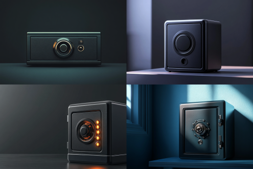 近景正视黑色矮小保险箱于办公桌，侧光，纯色干净背景，3d渲染风格，cinema4d渲染，uhd 32k，大空白，简洁完美。 极简主义 干净背景 摄影纪实 照片写实 办公室 正视 特写