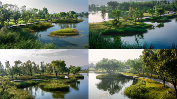 湿地公园，三分法构图，自然清新风，湖泊草地树木，中长焦镜头，顶光，宁静氛围，蓝绿主调，平静惬意。