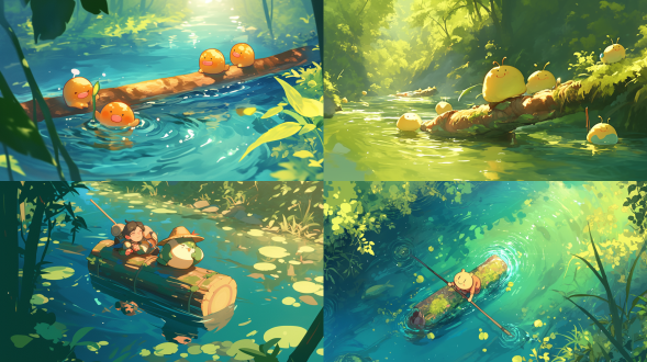 土豆豆和毛毛虫过河，团队合作，宽阔河流，漂浮木头，自然风光，柔和光线，广角镜头，水波纹，微笑表情，绿色调，和谐。