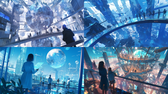 玻璃世界，未来，透明建筑，反射光，城市景观，超现实风格，高科技元素，人物穿着未来感服装，表情期待，广角镜头，柔和光线，动态模糊，未来主义，冷色调，科技感。