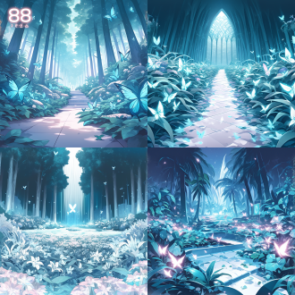 浅蓝色的暗夜森林背景，蝴蝶萤火虫点缀，有路灯，没有人，神秘感，广角镜头，动漫风格，高光细节，细腻笔触，细节丰富，颜色透亮，仙气飘飘，仙境感，梦幻神圣感，8k