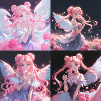 动漫女神肖像，俯身影，捧粉水晶玫瑰，粉长发公主卷，黑紫渐变裙星饰，紫瞳温柔，五官精致，花盛瓣飘，黑背，过曝高亮，珠光闪，顶光边光，柔焦，8k，梦幻，cg插画，高质