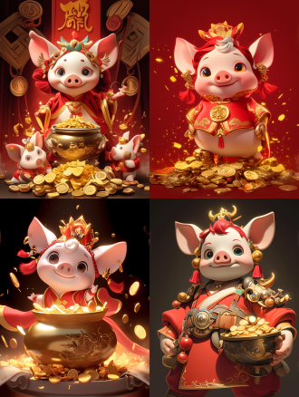 一只笑眯眯的可爱肥猪，3d，怪物，穿着华丽的春节服饰，头戴金色财神帽，手捧金色的聚宝盆，里面装满金银珠宝，脚边有金币成堆和金元宝，拟人，抽象，采用山水经典、波普风格，全身，穿着精心刺绣的服装，红色、金色搭配。磨损，结合中国古代神话的主题风格，丰富配饰，红色背景，新年氛围，粘土，动画光，高细节，3d，c4d，辛烷渲染，高品质，超高清，32k uhd–sref url–sw 100–niji 6 –ar 3:4