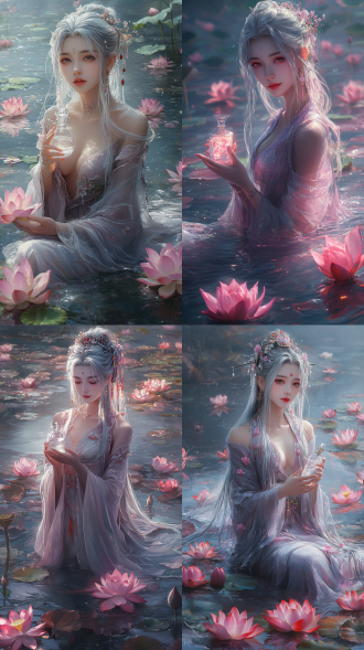 杰作，最佳画质，极致细节，美丽且细节丰富的眼睛，一位优雅的中国仙人，有着长长的银白发丝，身着绣有漂浮莲花图案的朦胧紫色长袍，赤脚踏在一朵发光的睡莲上，手持一个装有露水的水晶小瓶，周围环绕着半透明的雾气和漂浮的莲花花瓣，池塘中散发出柔和的粉色光芒，如花朵绽放般宁静的微笑，artstation风格，8k画质