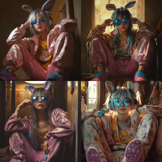 林俊毅赛博朋克风肖像，对角线构图，暖棕环境，戏剧性顶光，8k超写实，银黄渐变乱发，蓝反光眼镜，穿旧睡衣粉兔拖鞋，持手柄，诡异笑。