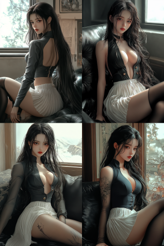 海贼王·女帝·波雅·汉库克，坐在黑色沙发上，深蓝色水手服，白色百褶裙，大长腿合并，侧脸，8k，黑色丝袜。