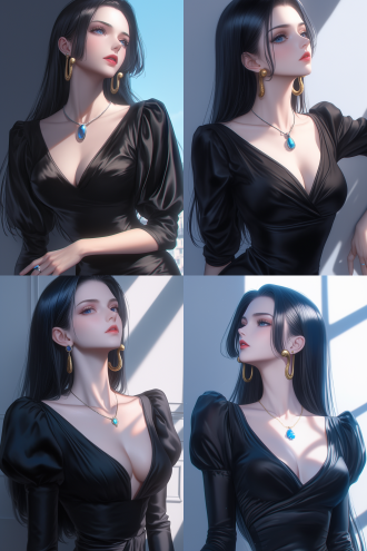 海贼王·女帝·汉库克，黑色婚纱，双手展开，抬头，侧脸，白色背景，8k