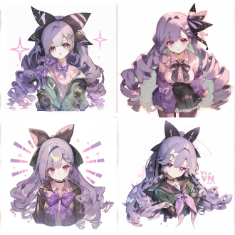 长发戴紫蝴蝶结小女孩，动态撒娇姿势，白背景，简约粉笔风粗犷漫画线条，展现个性，特写，顶光，可爱，凸显服装细节。 卡通