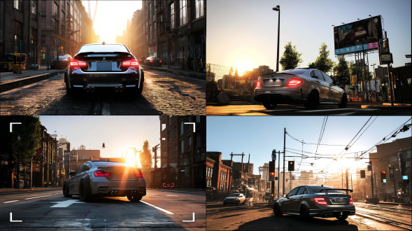 汽车海报，城市街头场景，三分法构图，冷色调，长焦镜头，逆光，汽车静止，科技感元素，冷静氛围。