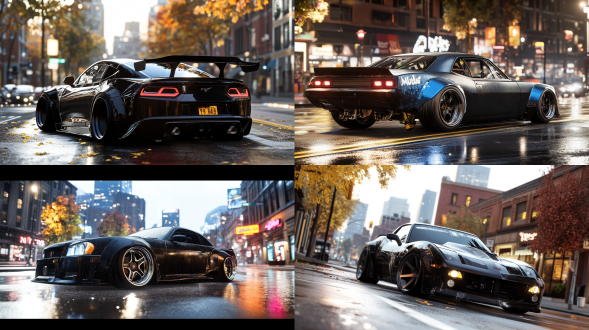 汽车海报，城市街头场景，三分法构图，冷色调，长焦镜头，逆光，汽车静止，金属质感，科技感，冷静氛围。