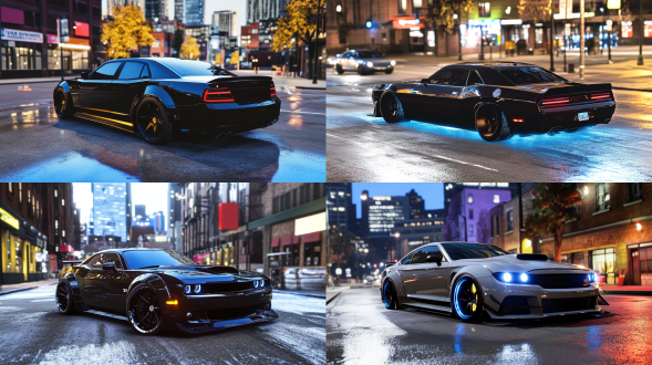 汽车海报，城市街头场景，三分法布局，冷色调，长焦镜头，侧光，汽车静止，现代感元素，科技感，冷峻。