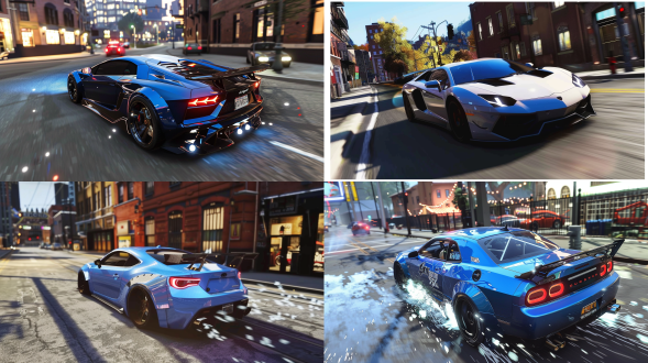 汽车海报，城市街头场景，三分法构图，冷色调，长焦镜头，逆光，汽车飞驰，科技感元素，动感，时尚。