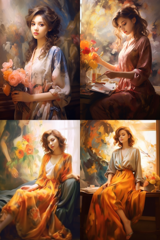 女孩油画风格，古典构图，柔和光线，室内场景，长焦镜头，暖色调，细腻笔触，沉思表情，优雅服饰，艺术氛围。