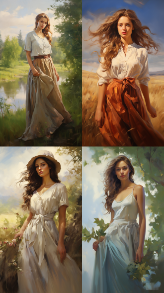 油画风格，女孩站立，长发飘逸，眼神温柔，穿着复古长裙，背景为田园风光，细腻笔触，柔和光线，中景镜头，自然色彩，宁静氛围。