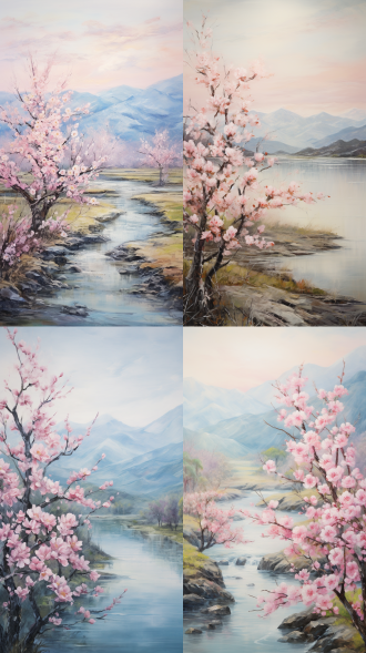 山水画风格，桃树盛开桃花，高山流水，远景构图，自然风光，柔和光线，长焦镜头，静谧，淡雅色彩，宁静安详。