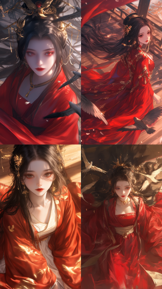 长发女孩，华丽汉服，俯视角度，木地板，红唇黑发，宽袖，饰品众多，凝视远方，眼神空灵，鸟儿，细长发如瀑布，暖色调，高对比度，侧光，广角镜头，优雅动作，镜头特写，传统服饰，金色首饰，沉静内敛。