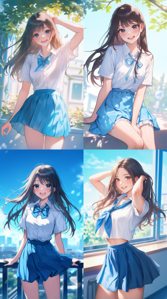 韩国学生妹，校园背景，清新自然，制服裙，微笑表情，长发飘逸，中景镜头，柔和光线，青春活力，蓝白配色，愉悦心情。