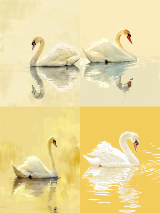 简笔画风格，皇冠天鹅，反头啄羽，淡黄背景，水中倒影，简洁线条，平静水面，柔和光线，自然环境，长焦镜头，低对比度，优雅姿态，宁静氛围。