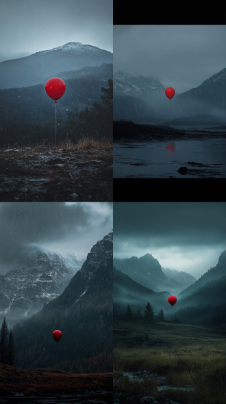 雨水中的大地远山，红色气球显眼，暗色调为主，三分构图，全景，长焦镜头，冷光，潮湿，孤独。
