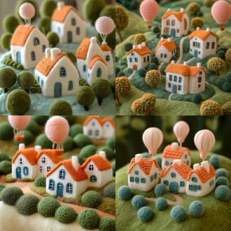 毛线编织村庄毛毡大地，5栋白房橙顶蓝门窗，绿圆灌木丛，粉热气球，对称布局，微距镜头，柔和光，温暖色调，宁静优雅。