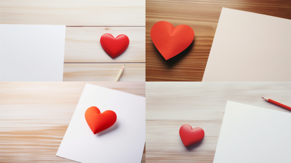 近景白色木制桌板上白色画纸画着红爱心，旁边有蜡笔，45度俯视，简单背景自然光，特写，暖色调，柔和。