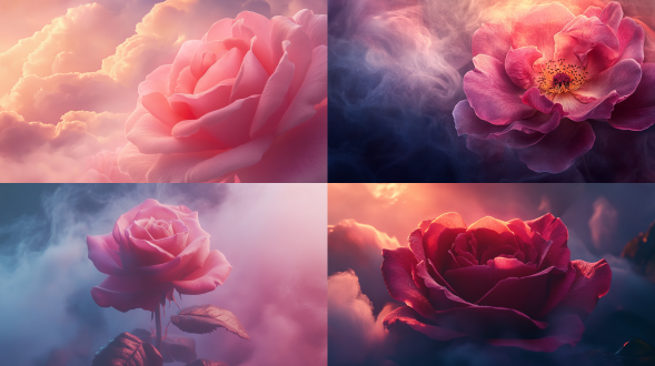 娇艳欲滴的玫瑰花特写，烟雾浮云背景，中心构图，户外环境，浅景深，柔和光线，微距镜头，静止，美丽，红粉色调，宁静。