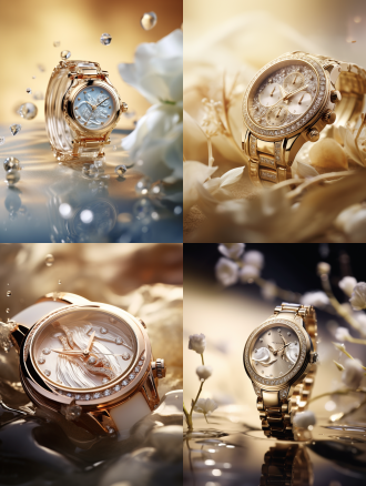 手表拍摄全景，简洁场景，3颗水钻点缀，淡金色外观，绸缎质感，旁置香水，中心构图，自然光，特写镜头，精致，优雅。